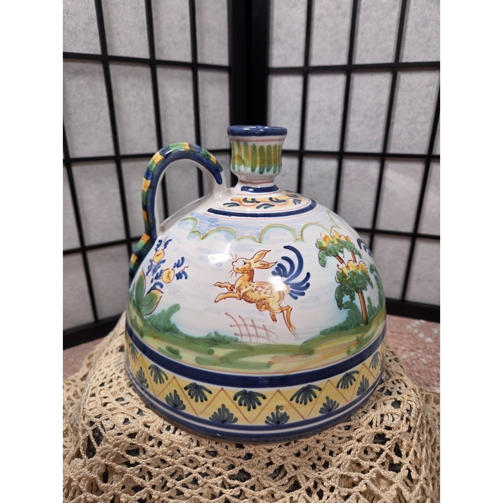 Vintage Spanish Art Potteryβ Jug Hand Painted Signed Sevilla's Vase Deer Motif